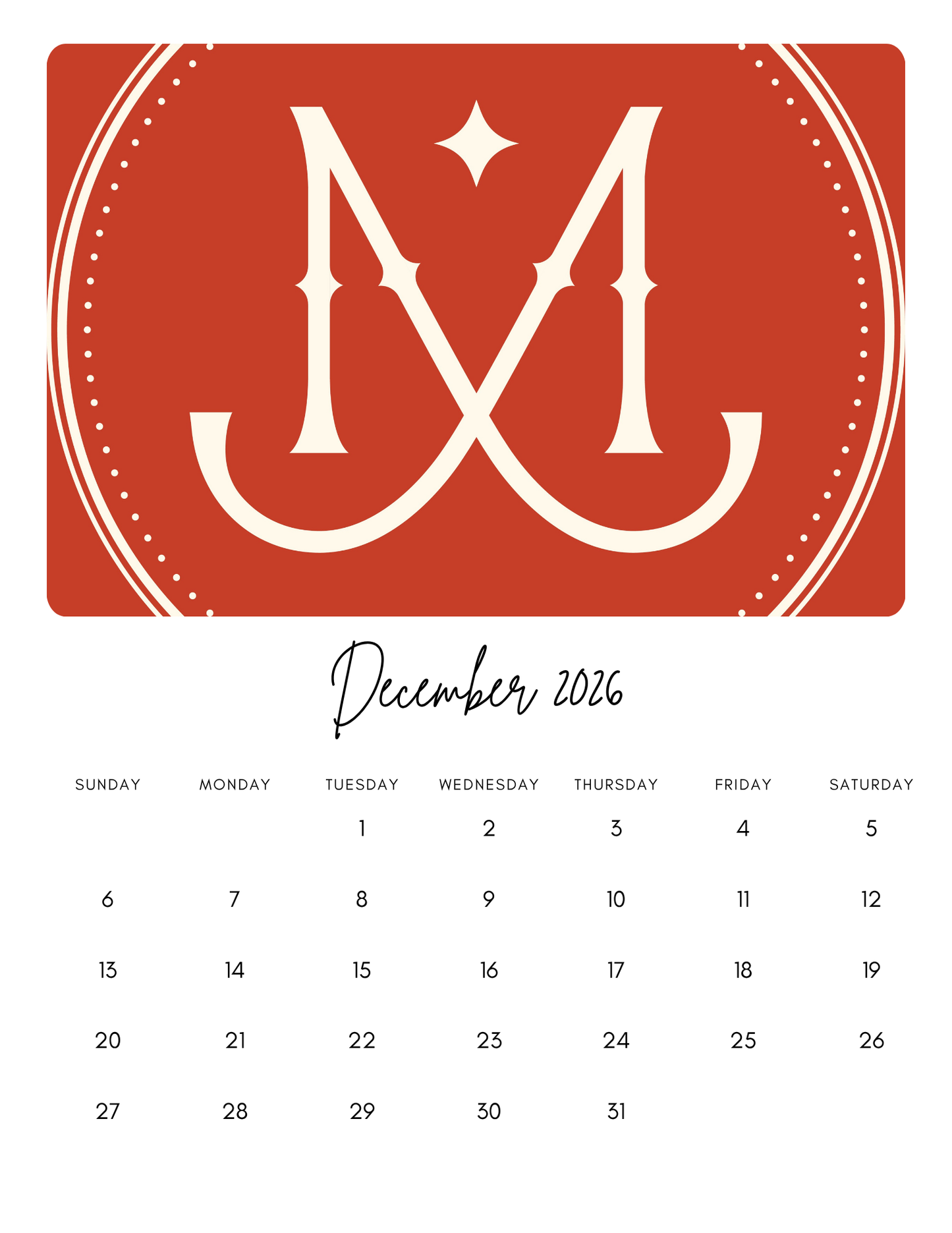 Customizable 2026 Calendar - Set of 12